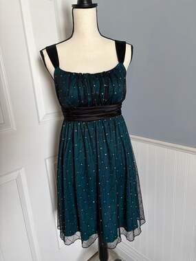 iz Byer California Teal and Black Rhinestone Mesh Overlay Dress Size L